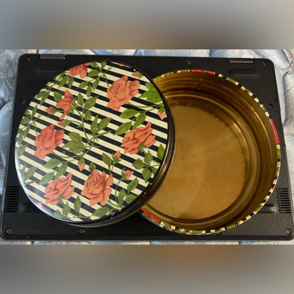 Mid Century Vtg Floral Striped Metal Lidded Candy Biscuit Tin - Picture 10 of 16